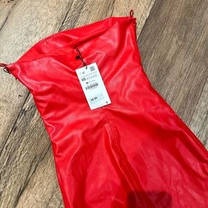 ZARA | Red Strapless Pleather Midi Dress